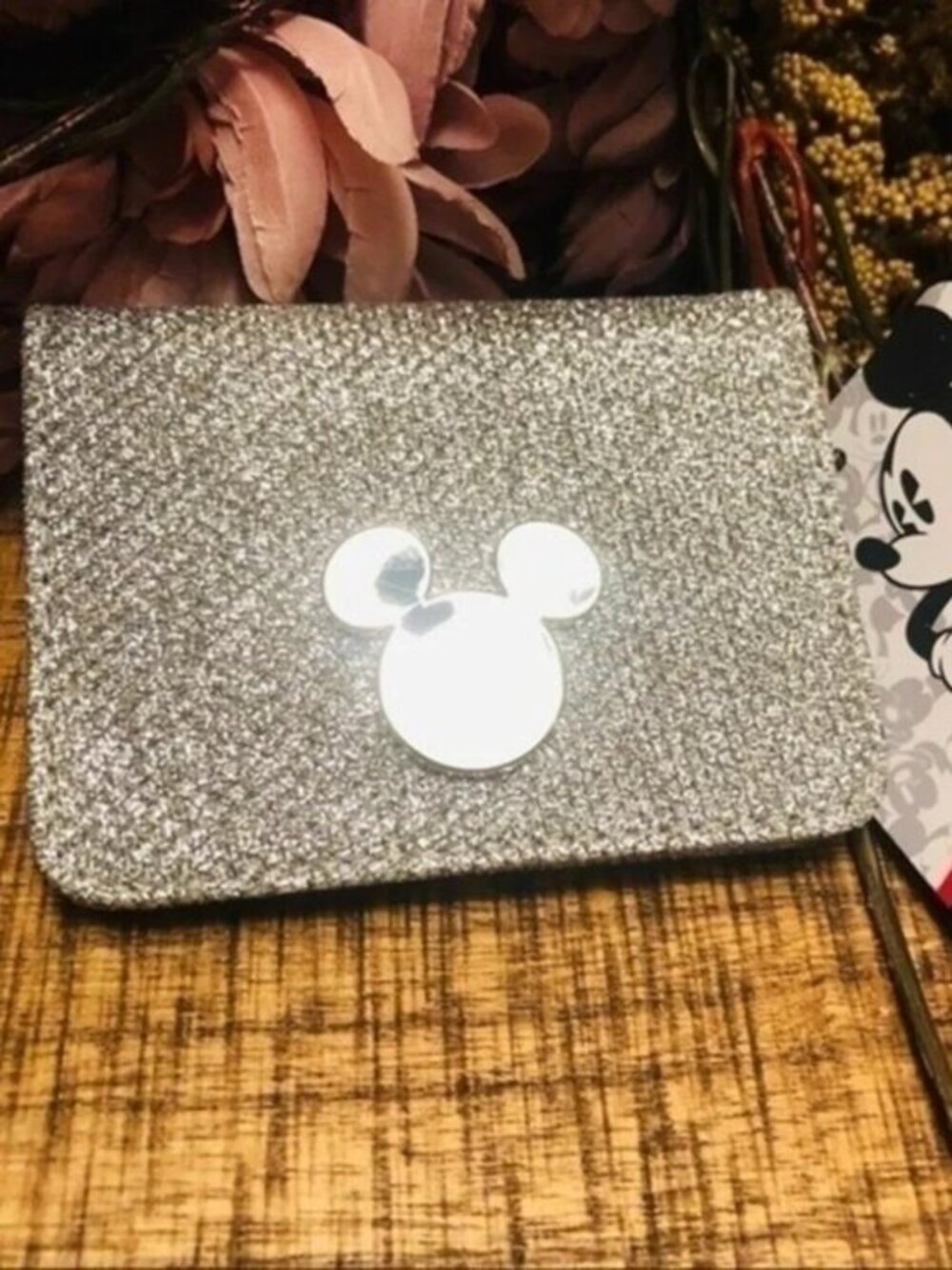 Disney Mickey Mouse Silver Glitter ID Card Wallet Snap NWT